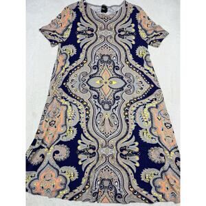 ASOS Paisley Print T-Shirt Dress Sz 8 Navy Blue Multi Stretch Mini Boho Summer